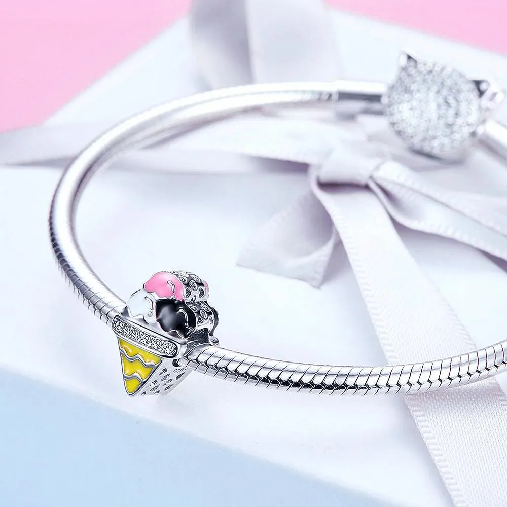 Solid 925 Sterling Silver Ice Cream Cone with CZ Charm