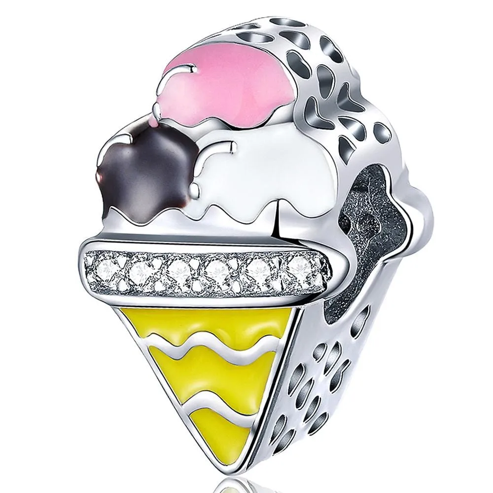 Solid 925 Sterling Silver Ice Cream Cone with CZ Charm
