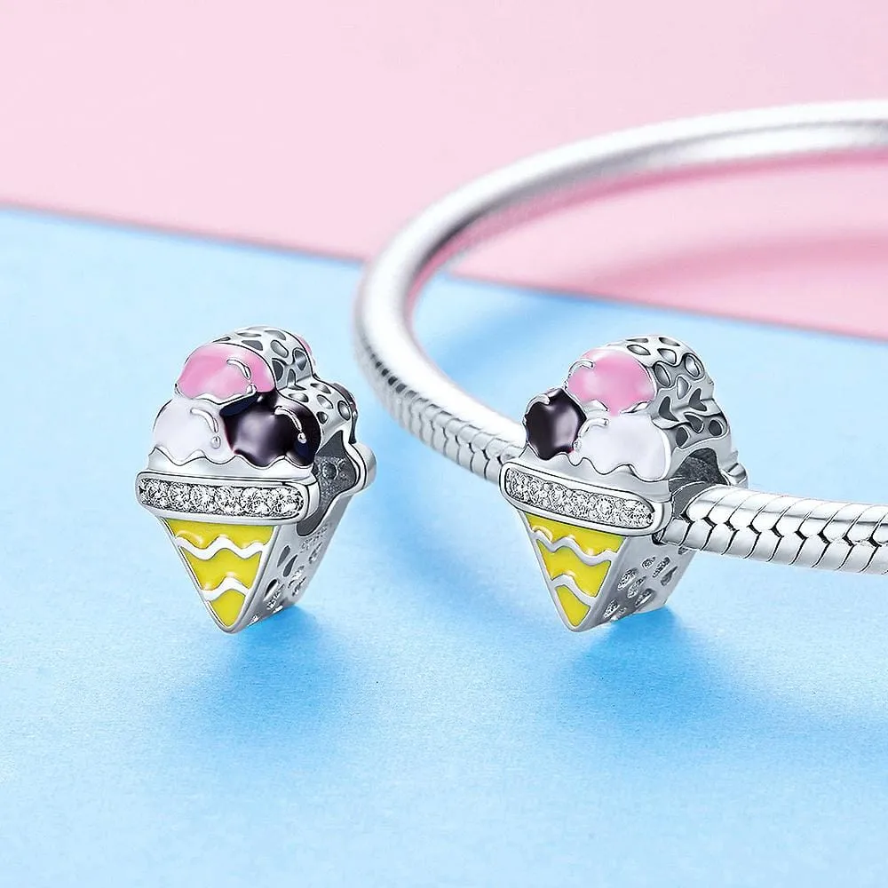 Solid 925 Sterling Silver Ice Cream Cone with CZ Charm