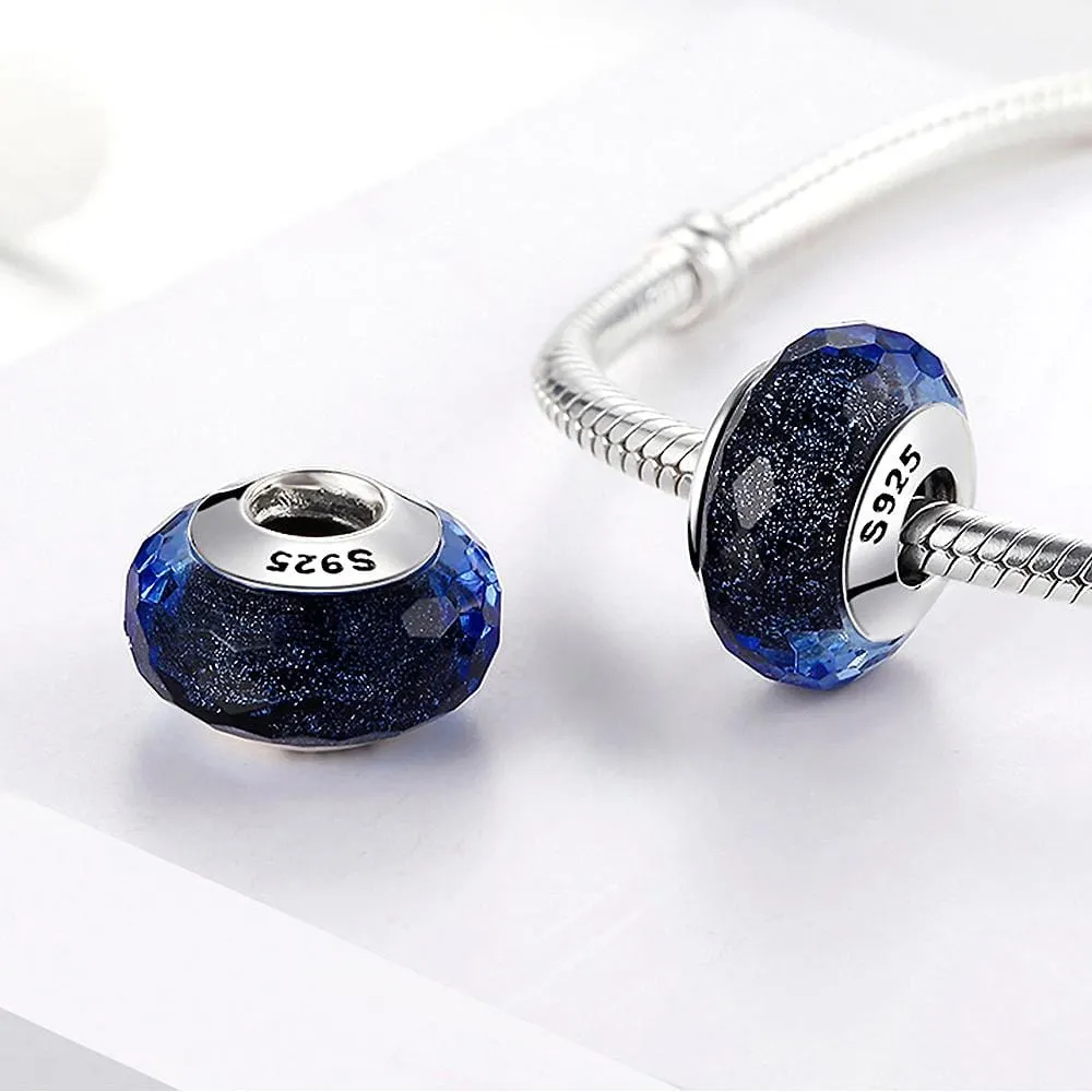Solid 925 Sterling Silver Pale Dark Sapphire Stardust Murano Glass Charm