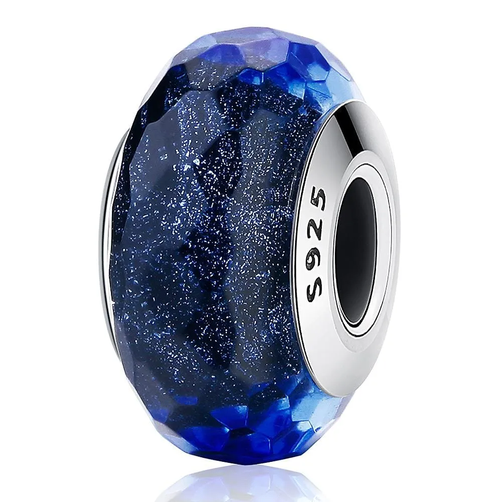 Solid 925 Sterling Silver Pale Dark Sapphire Stardust Murano Glass Charm