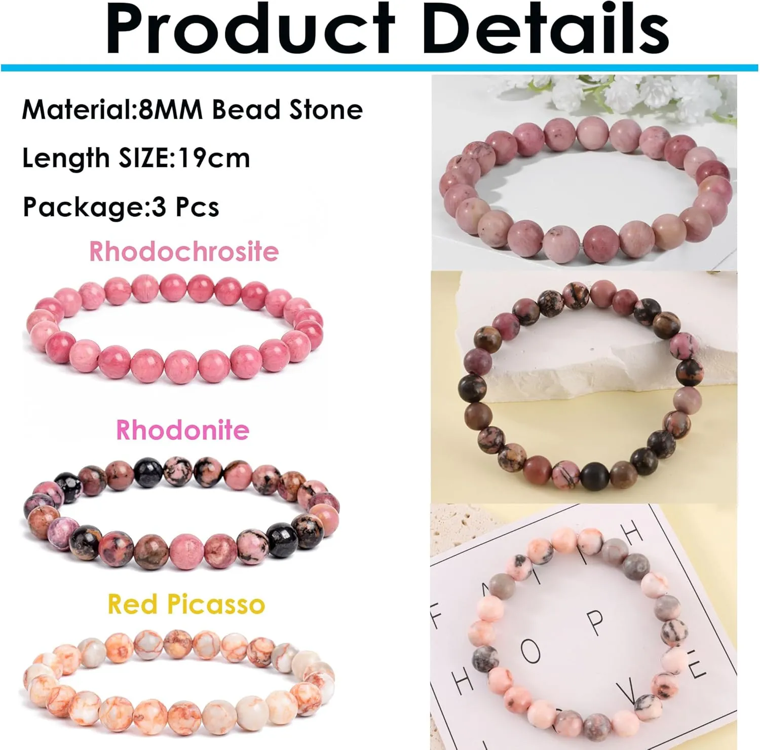 SONNYX 3PCS Crystal Stone Bracelets for Women Men Semi-Precious Gemstone Bracelets 8mm Round Beads Stretch Beaded Bracelet Jewelry