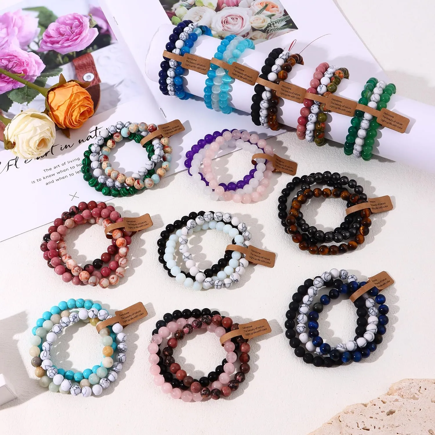 SONNYX 3PCS Crystal Stone Bracelets for Women Men Semi-Precious Gemstone Bracelets 8mm Round Beads Stretch Beaded Bracelet Jewelry