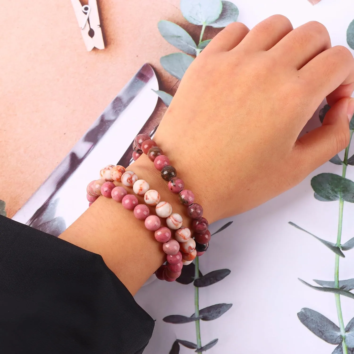 SONNYX 3PCS Crystal Stone Bracelets for Women Men Semi-Precious Gemstone Bracelets 8mm Round Beads Stretch Beaded Bracelet Jewelry