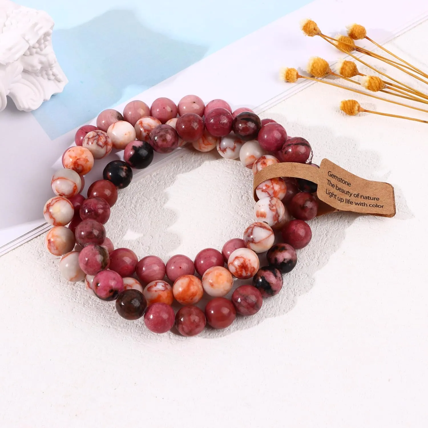 SONNYX 3PCS Crystal Stone Bracelets for Women Men Semi-Precious Gemstone Bracelets 8mm Round Beads Stretch Beaded Bracelet Jewelry