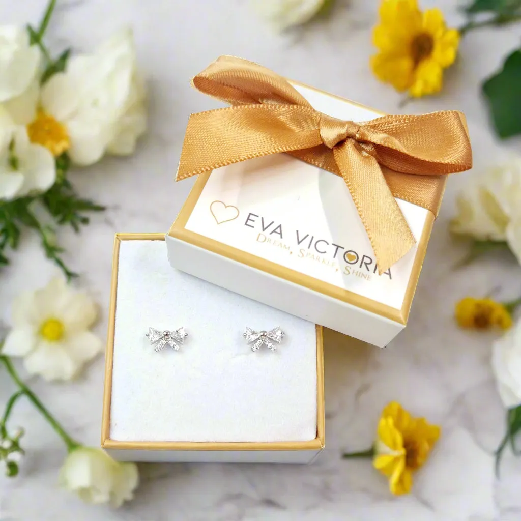 Sparkling Bows Sterling Silver Stud Earrings