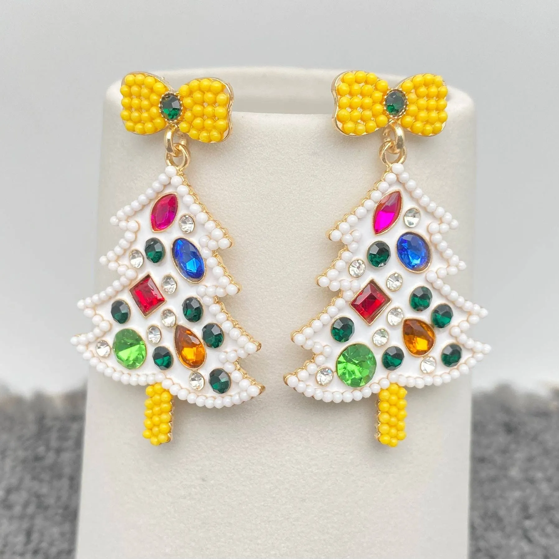 Sparkling Rhinestone Enamel Christmas Tree Bow Post Earrings
