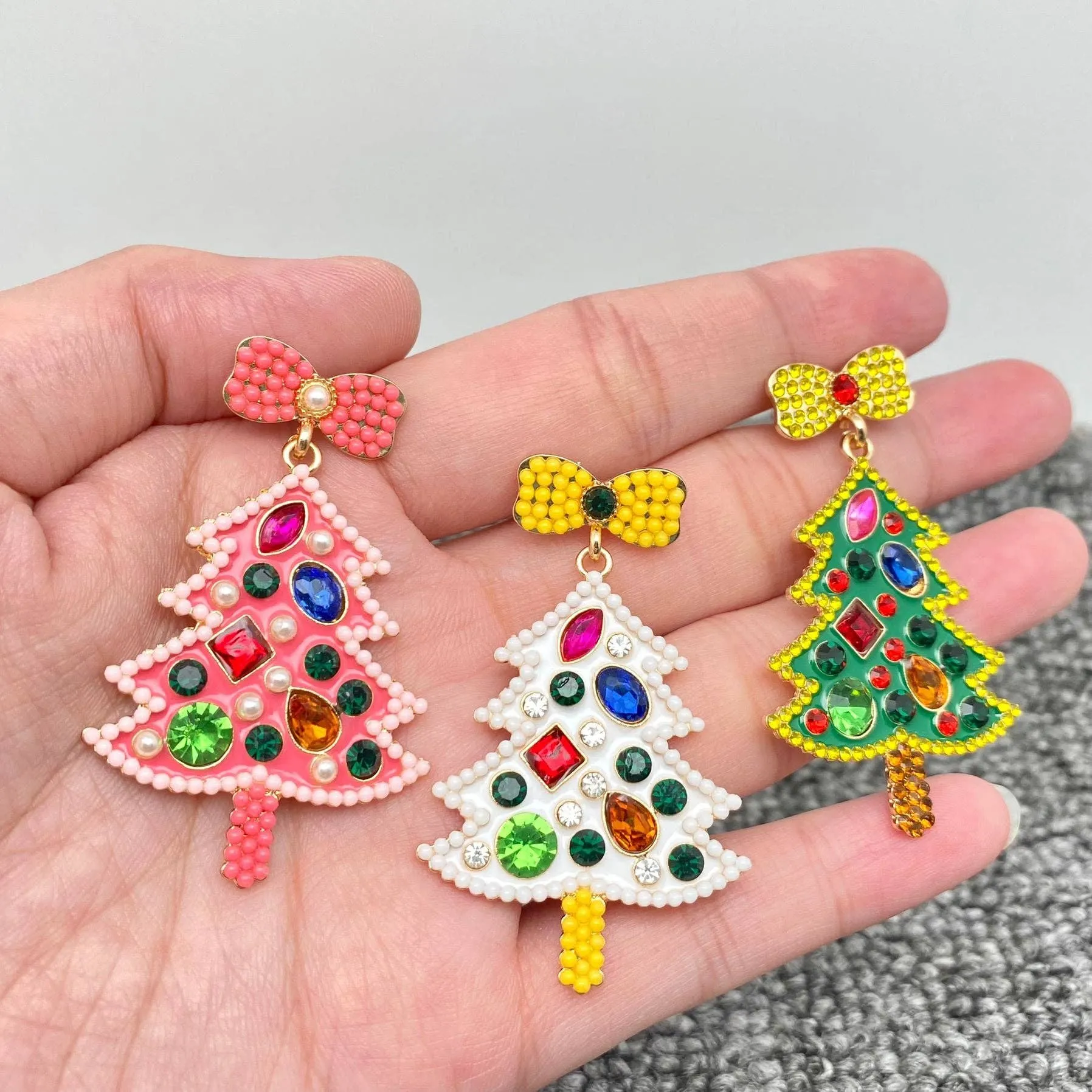 Sparkling Rhinestone Enamel Christmas Tree Bow Post Earrings