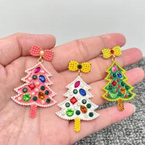 Sparkling Rhinestone Enamel Christmas Tree Bow Post Earrings