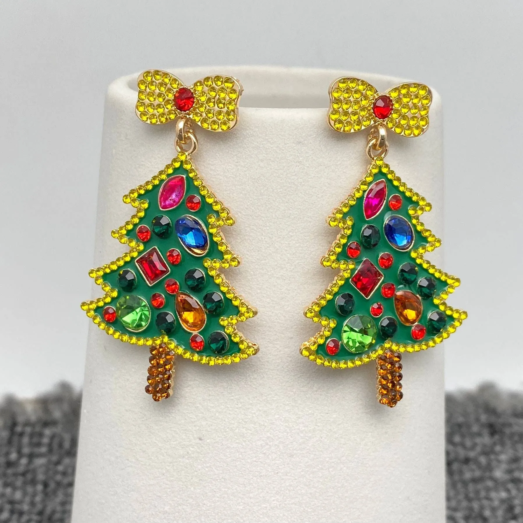Sparkling Rhinestone Enamel Christmas Tree Bow Post Earrings