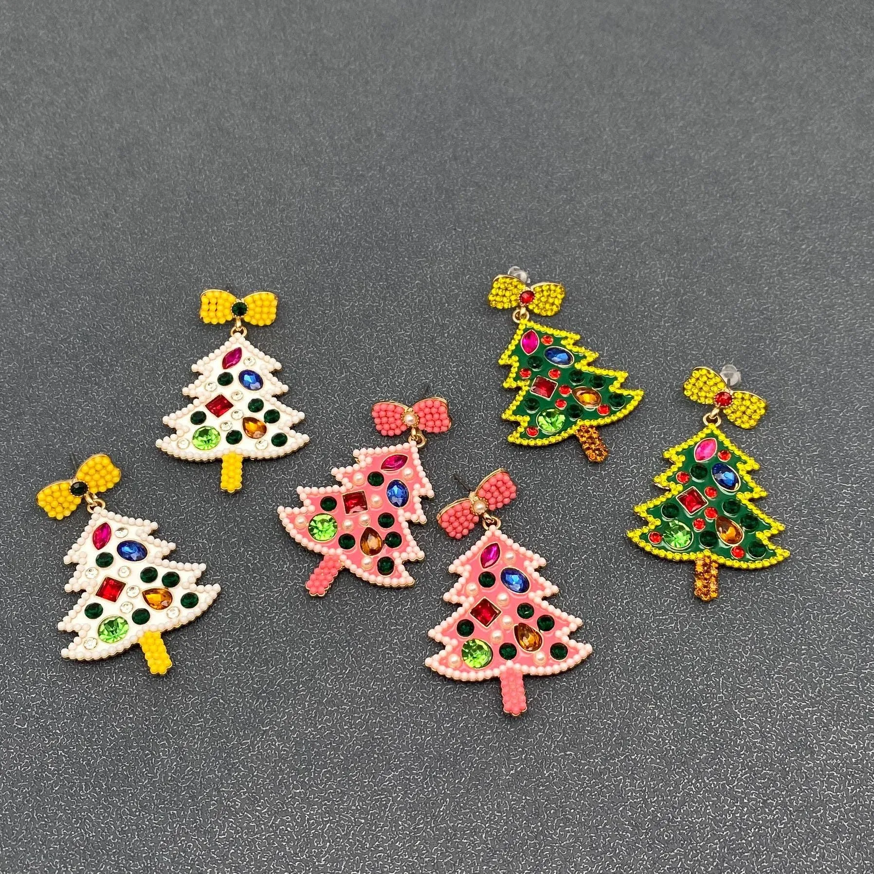Sparkling Rhinestone Enamel Christmas Tree Bow Post Earrings