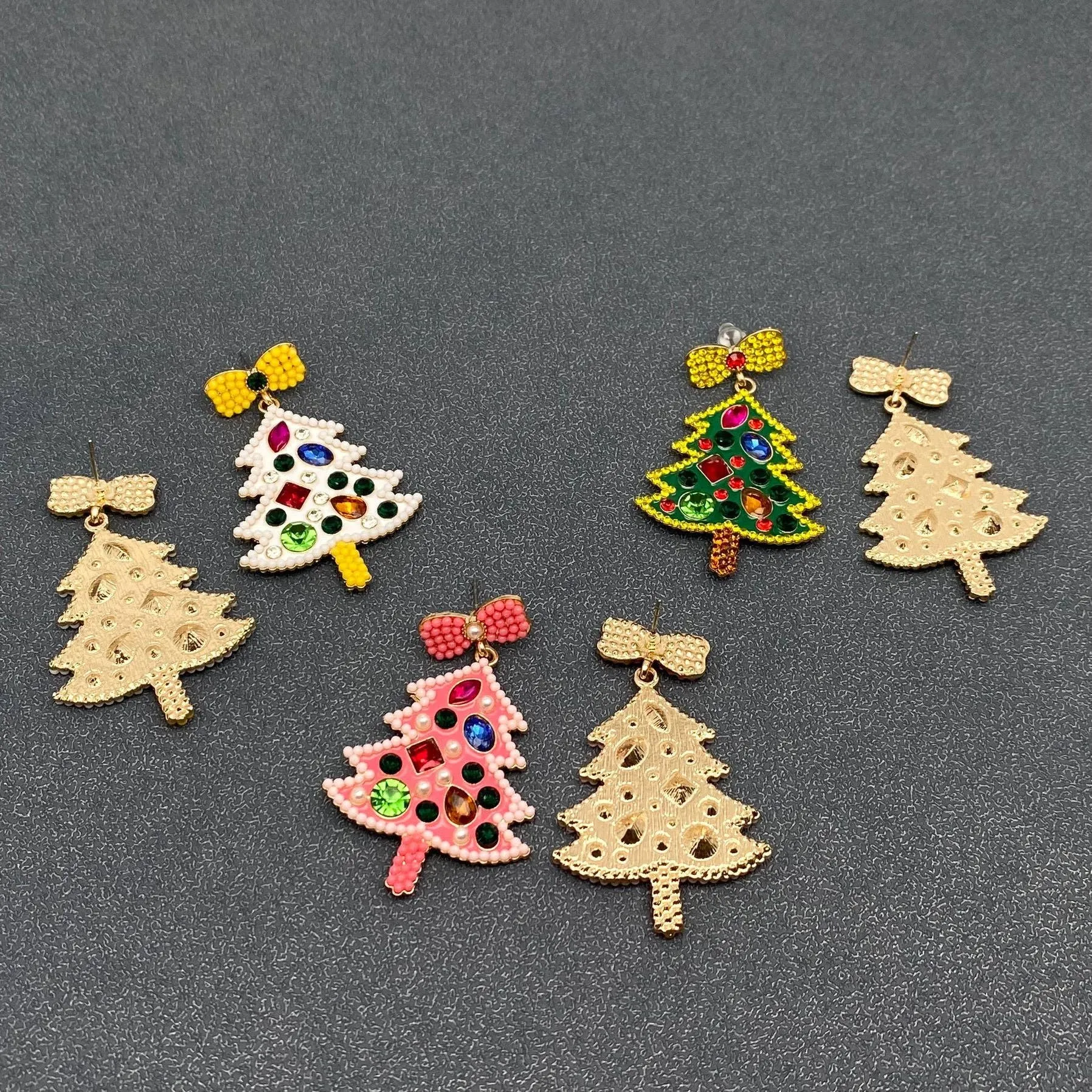 Sparkling Rhinestone Enamel Christmas Tree Bow Post Earrings