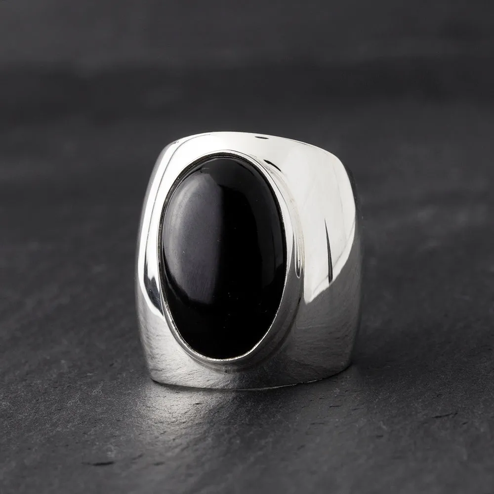 Sterling Silver and Black Onyx Stone Wide Band Ring