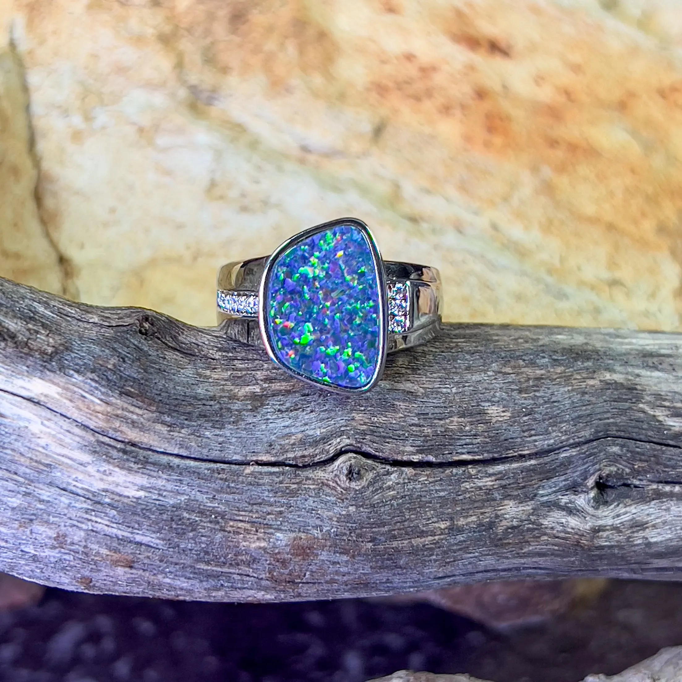 Sterling Silver freeform shape Opal doublet and cz ring