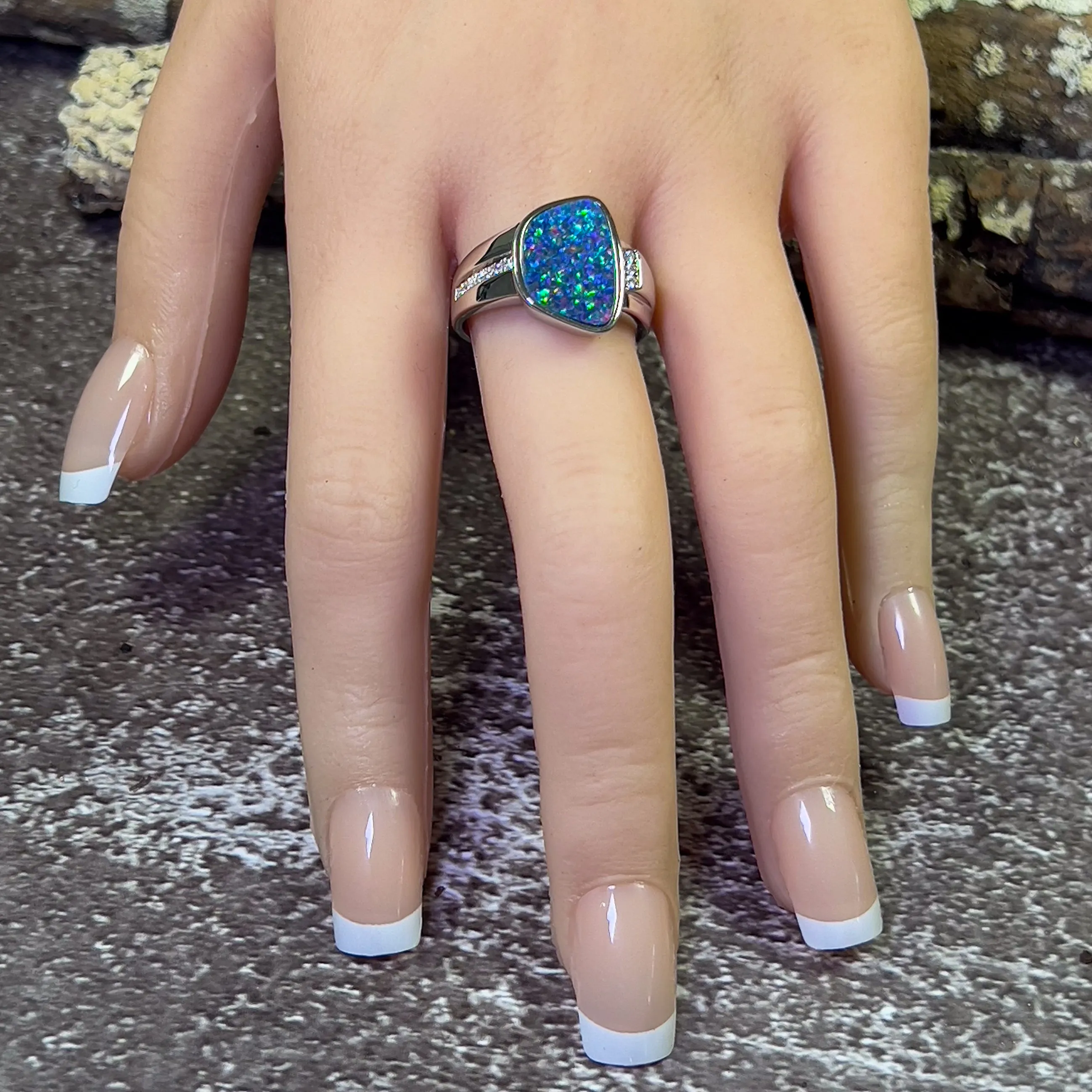 Sterling Silver freeform shape Opal doublet and cz ring