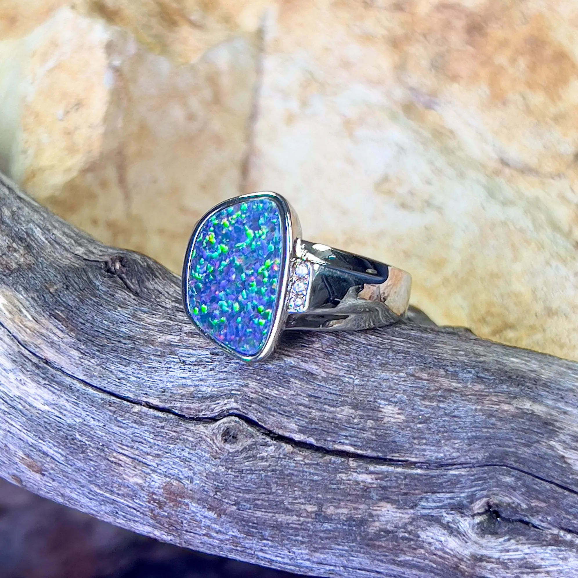 Sterling Silver freeform shape Opal doublet and cz ring