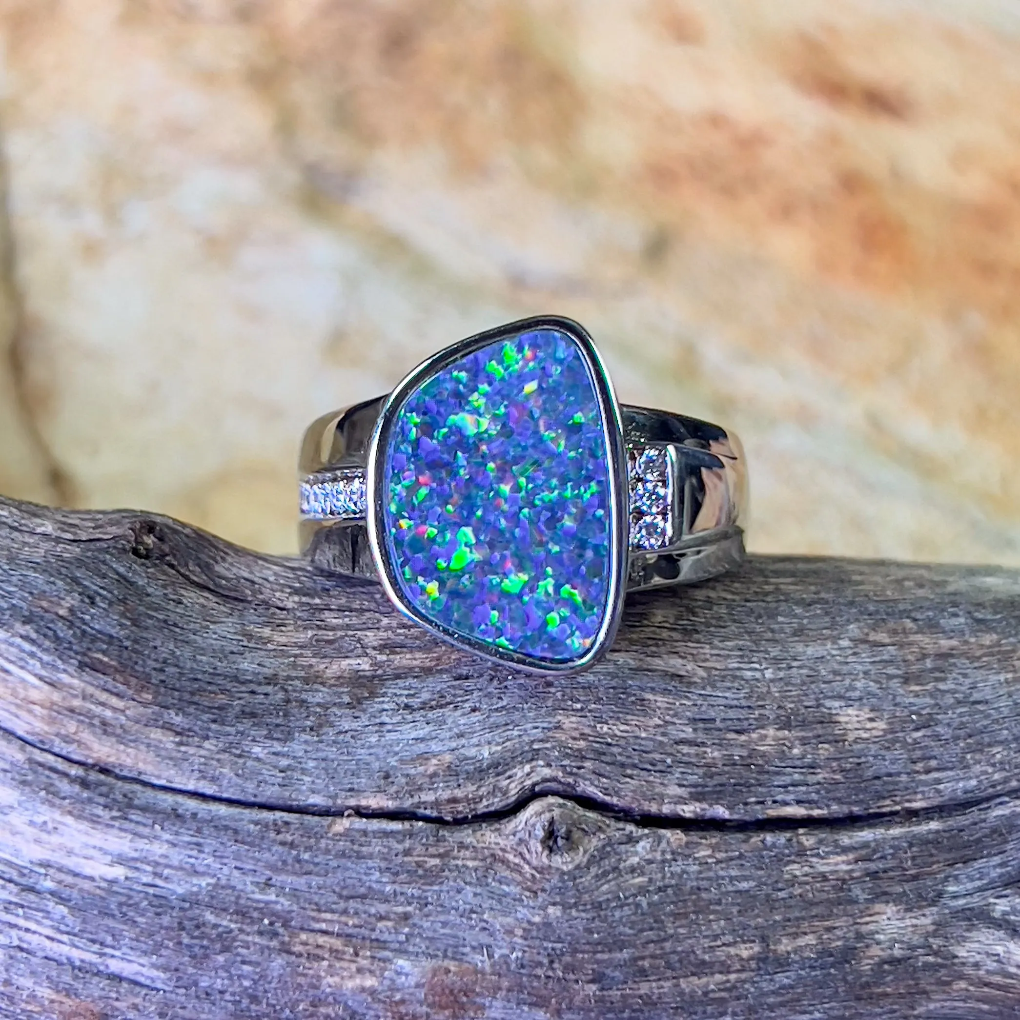 Sterling Silver freeform shape Opal doublet and cz ring