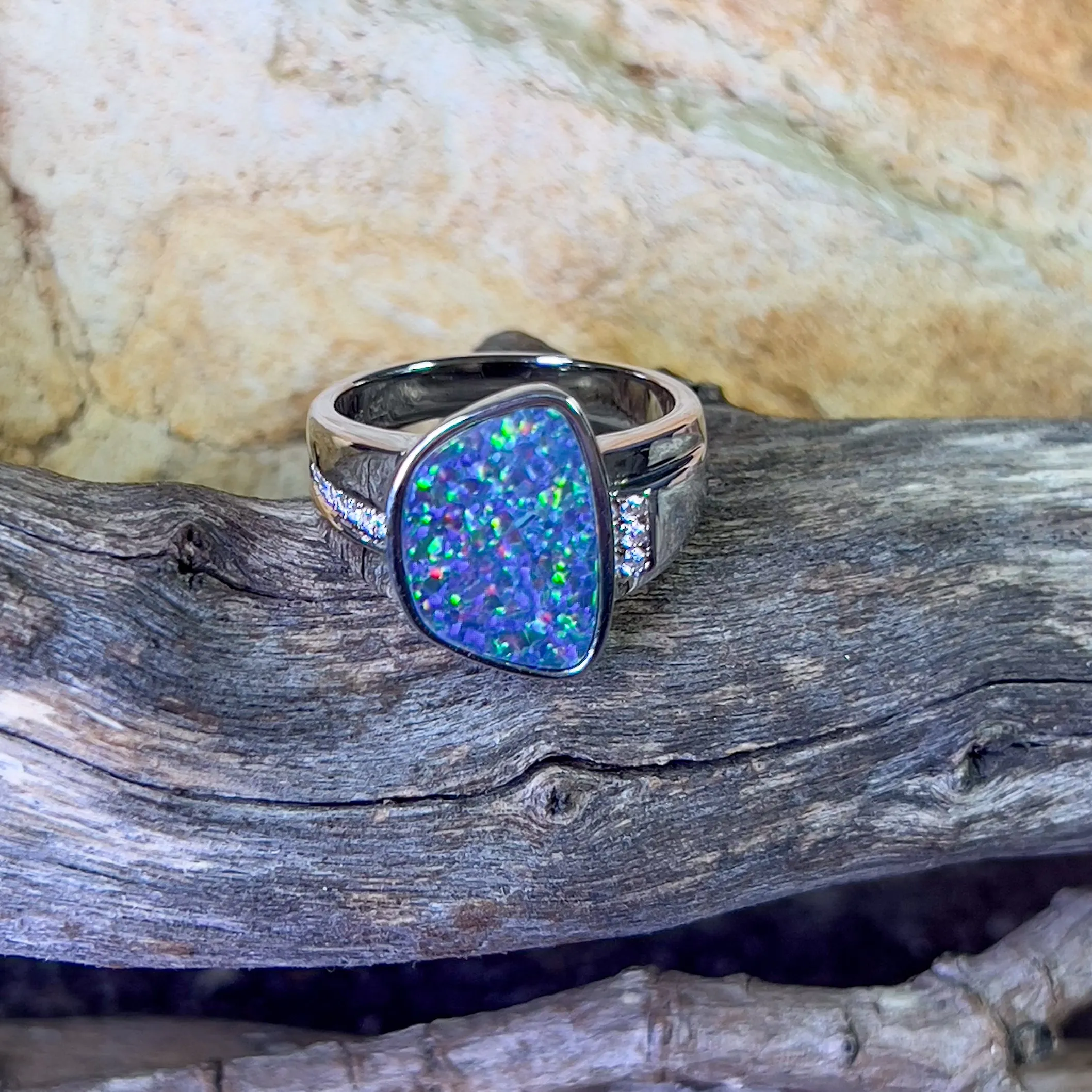 Sterling Silver freeform shape Opal doublet and cz ring