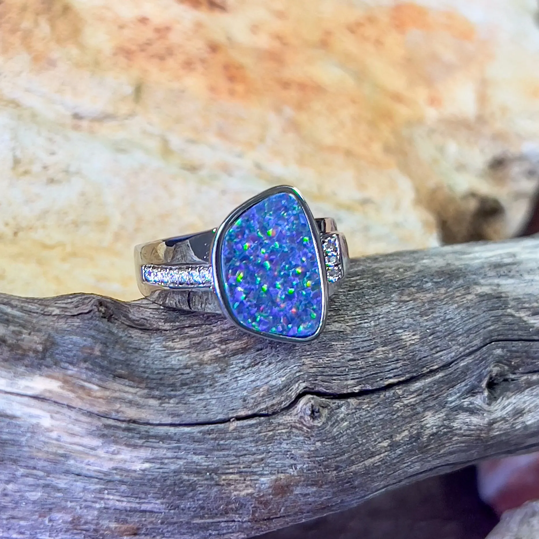 Sterling Silver freeform shape Opal doublet and cz ring