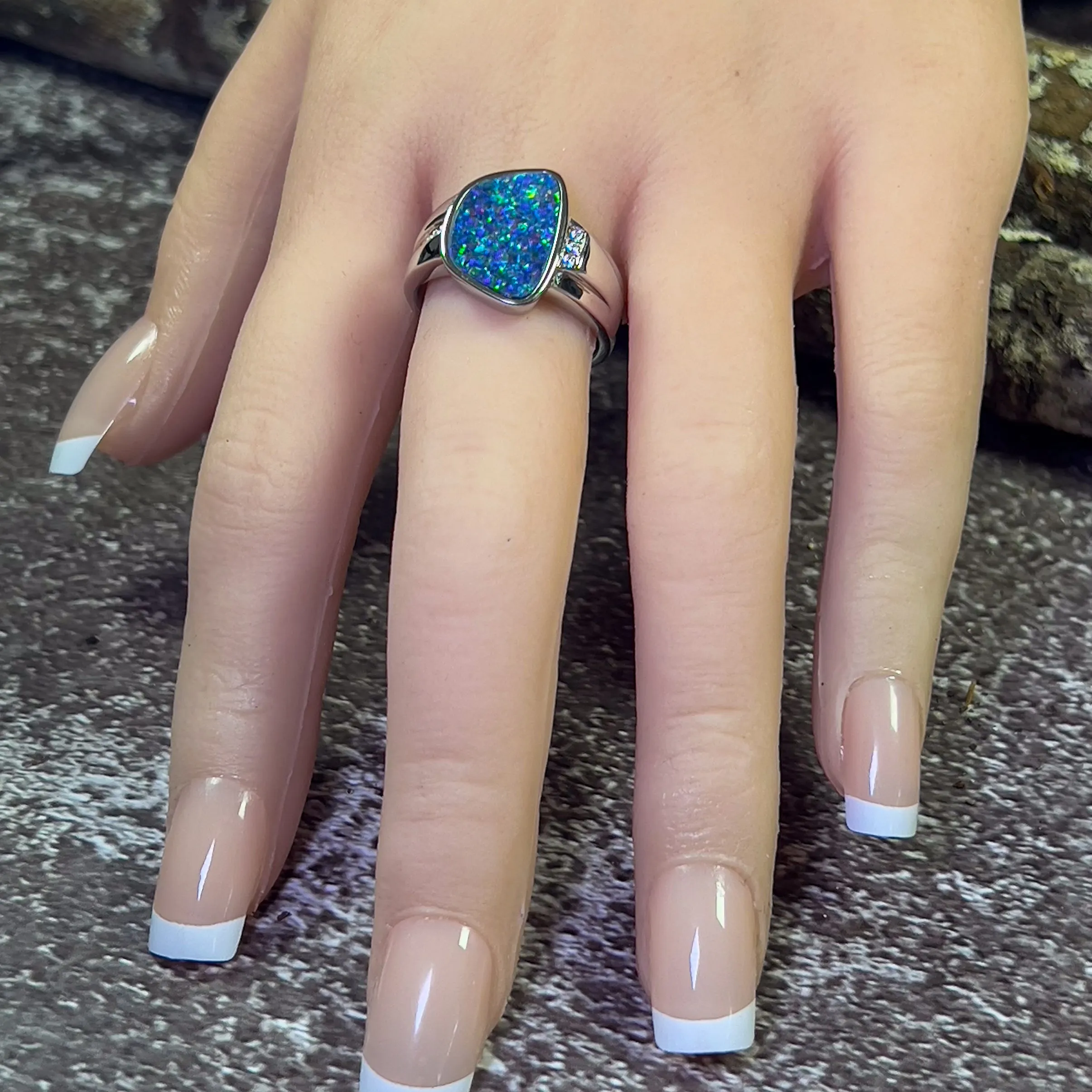 Sterling Silver freeform shape Opal doublet and cz ring