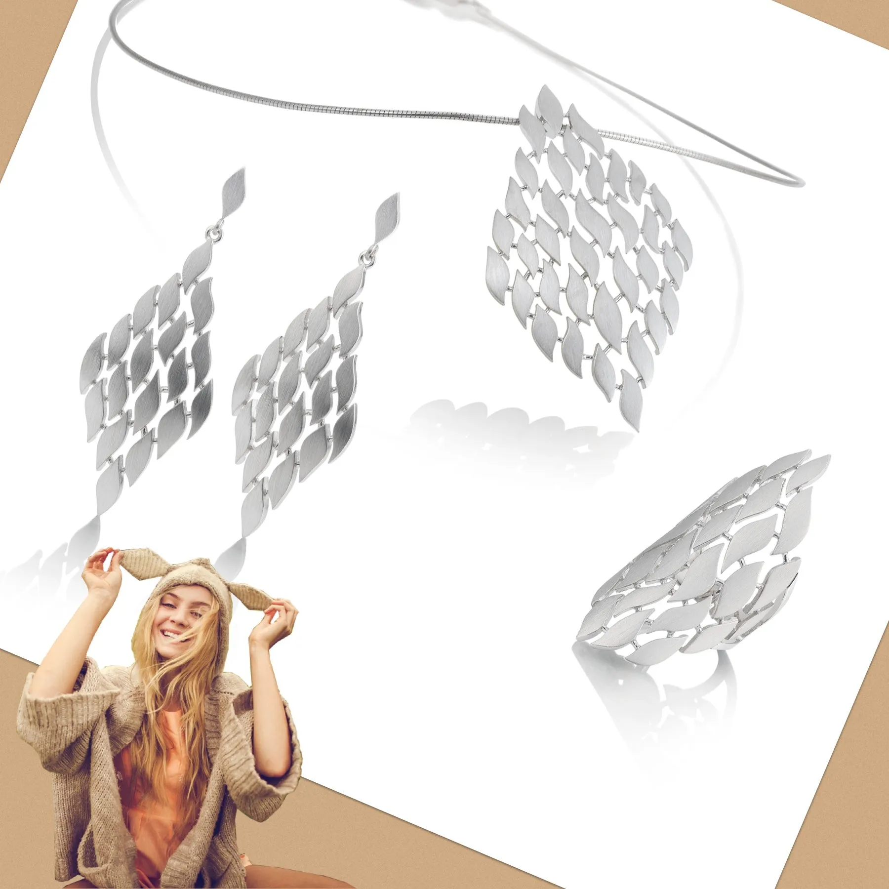 Sterling Silver Multi Brushed Leaf Ring
