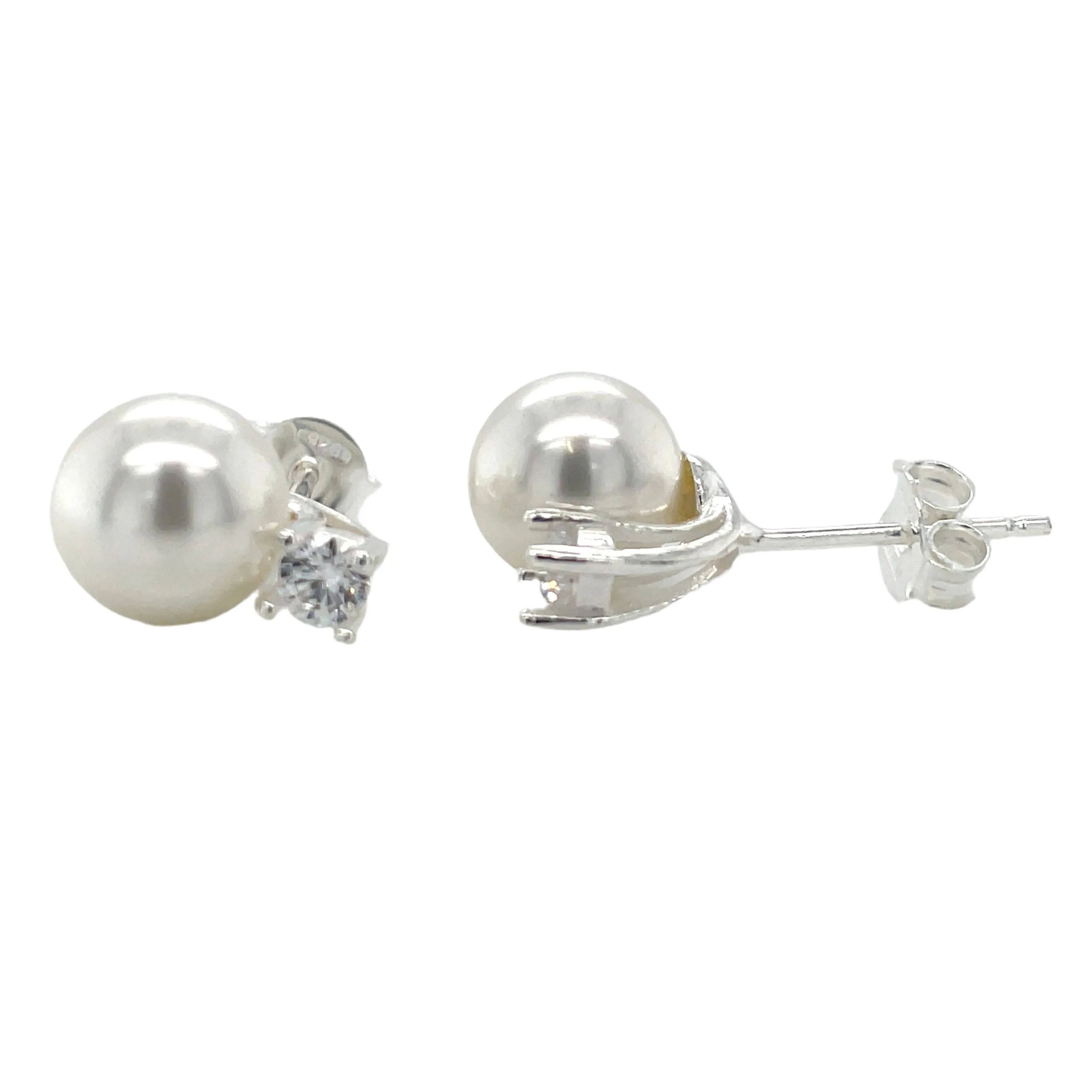 Sterling Silver Round Pearl And Cz Earrings