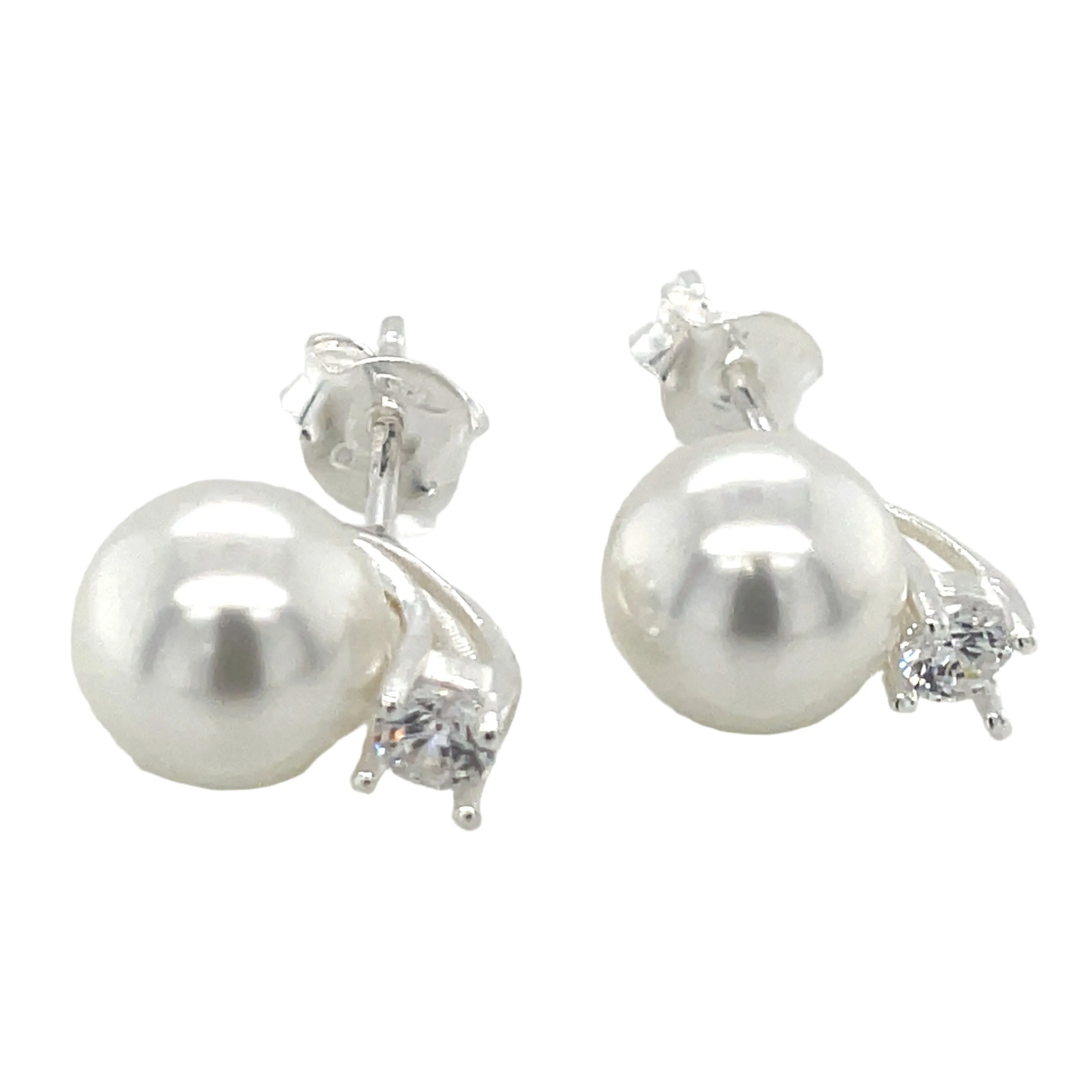 Sterling Silver Round Pearl And Cz Earrings