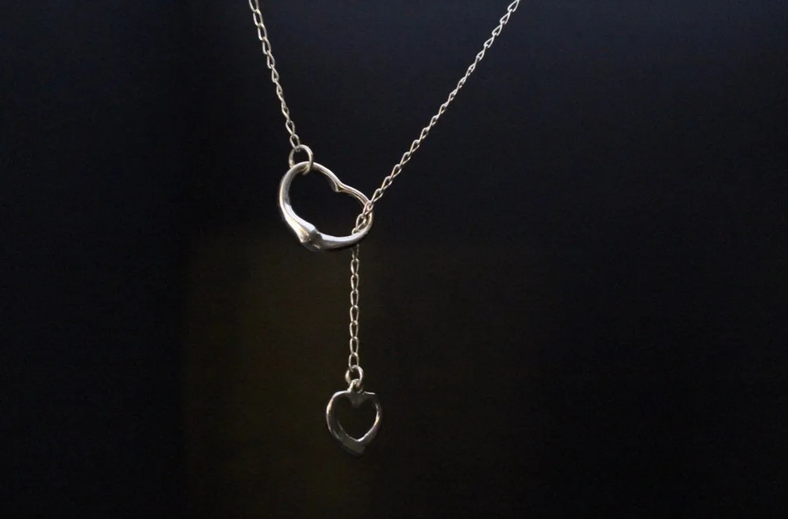 Sweetest day gift, Heart Chain lariat necklace, Sterling silver, handmade jewelry, short Y necklace