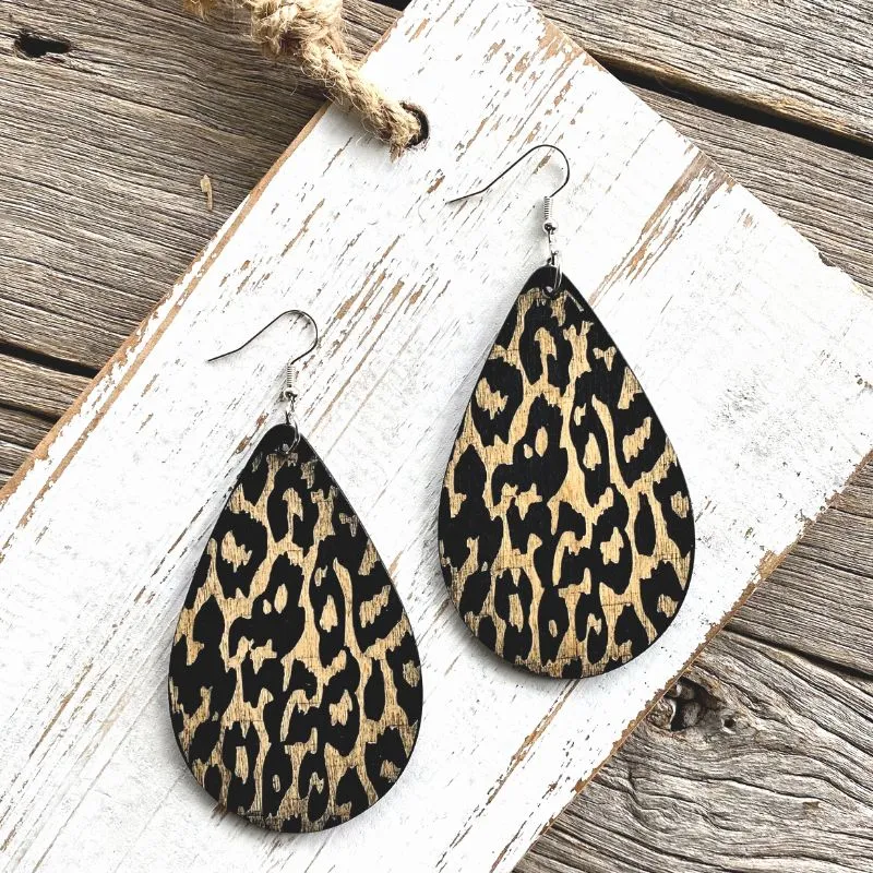 Teardrop Leopard Bold Wooden Earrings