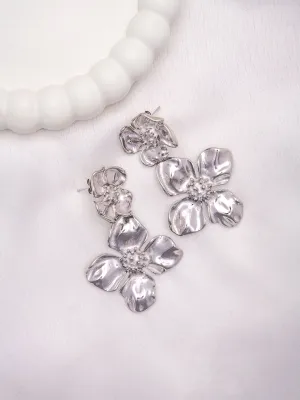 Textured Sunflower Drop Earrings Silver