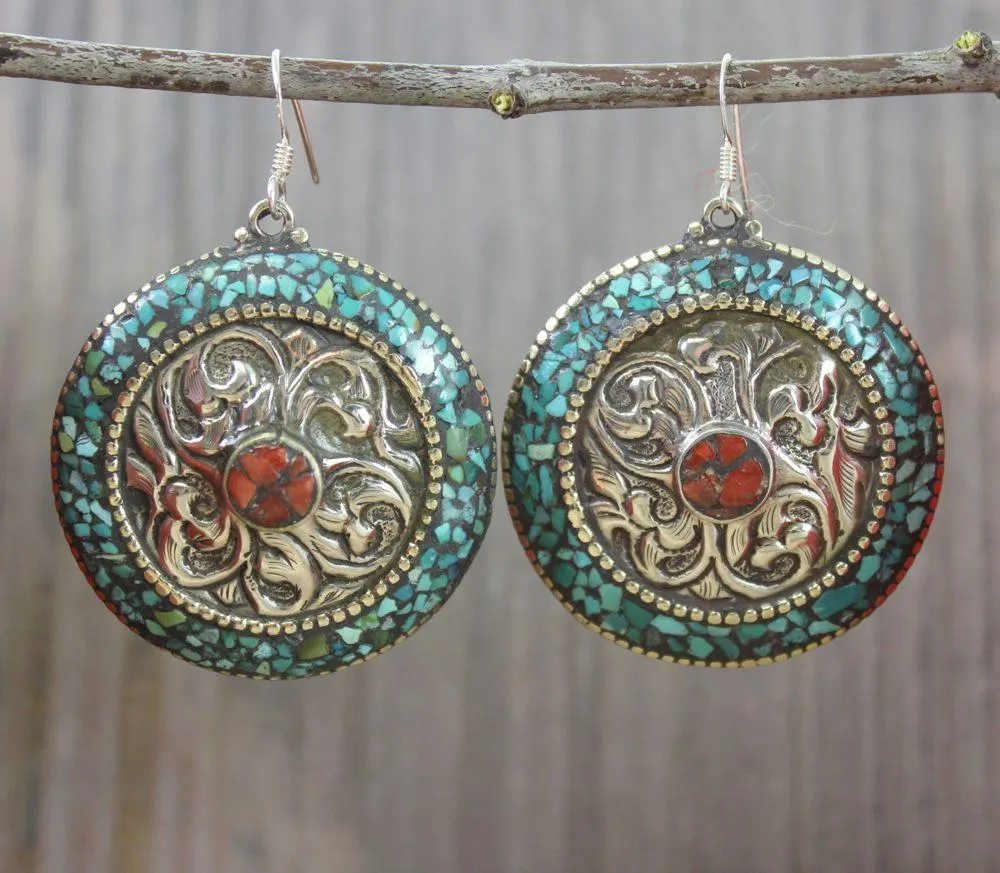 Tibetan Bold Turquoise and Coral Earrings