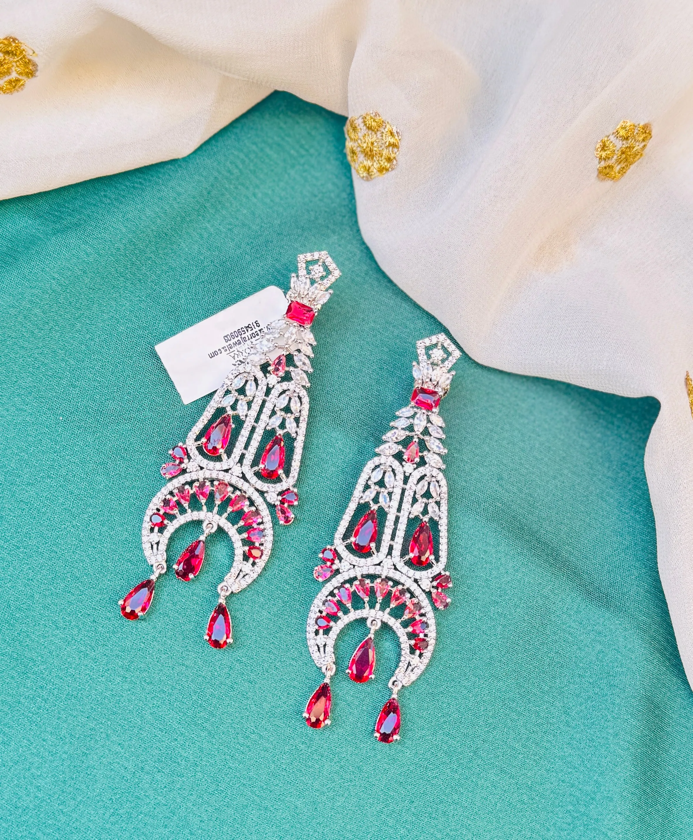 Traditional American Diamond Drop Dangler Earrings in Ruby Red Color with CZ Stones – Elegant Ruby Red Earrings