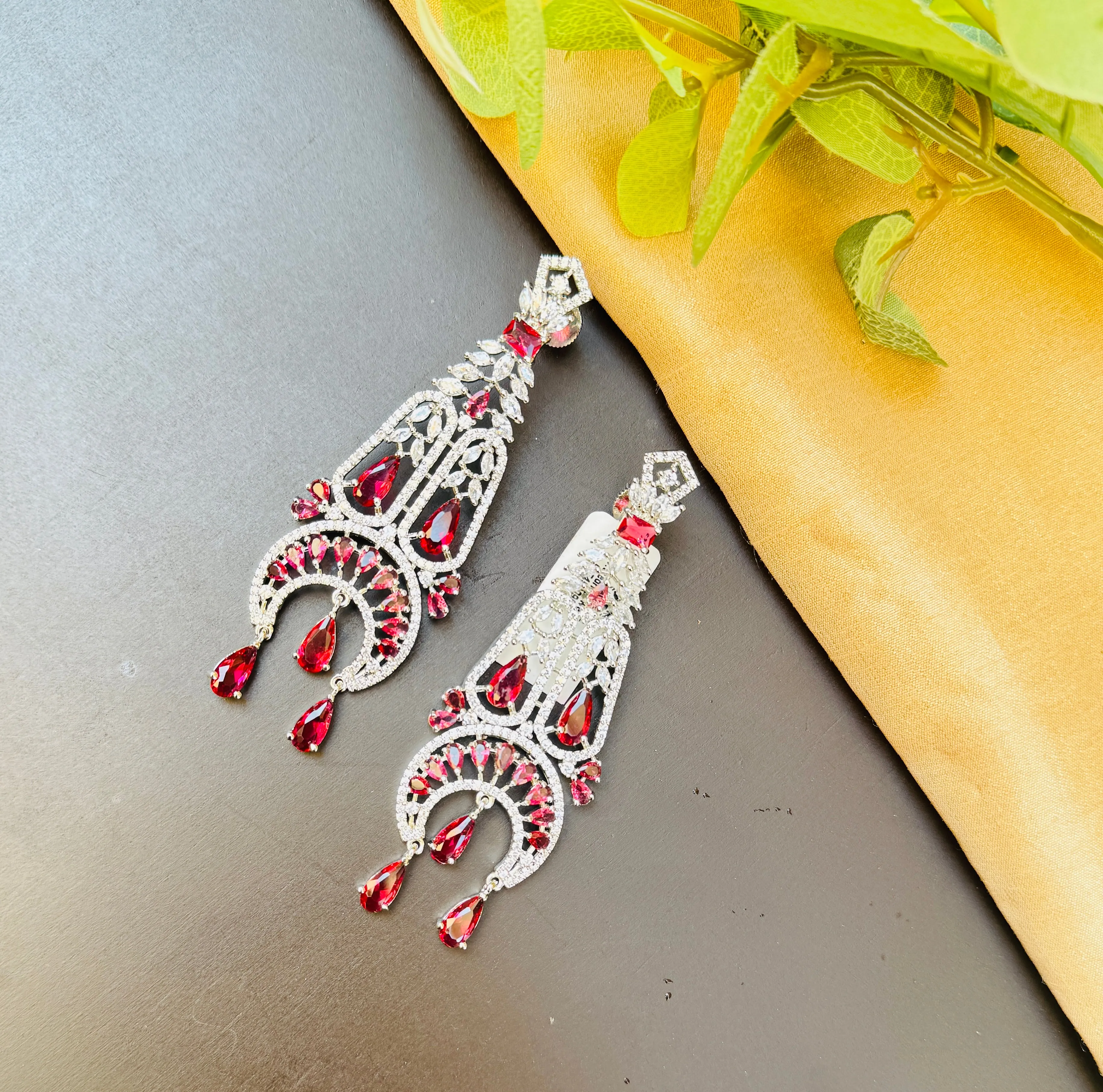 Traditional American Diamond Drop Dangler Earrings in Ruby Red Color with CZ Stones – Elegant Ruby Red Earrings