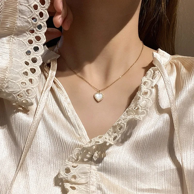 Trendy Fine Heart Shaped Opal Chain Pendant Necklace