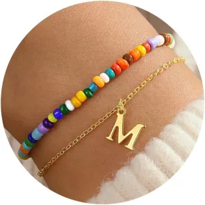 Turandoss Colorful Beaded Initial Bracelets for Teen Girls Women Gifts - 18K Gold Plated Cute Initial Bracelets for Girls Jewelry Teen Girl Gifts Trendy Stuff Birthday Gifts for Girls
