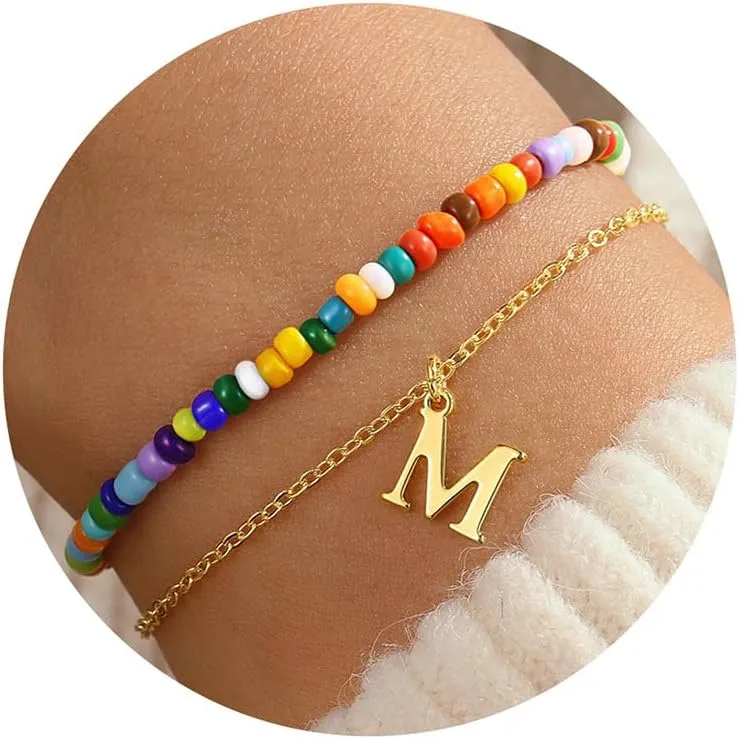 Turandoss Colorful Beaded Initial Bracelets for Teen Girls Women Gifts - 18K Gold Plated Cute Initial Bracelets for Girls Jewelry Teen Girl Gifts Trendy Stuff Birthday Gifts for Girls