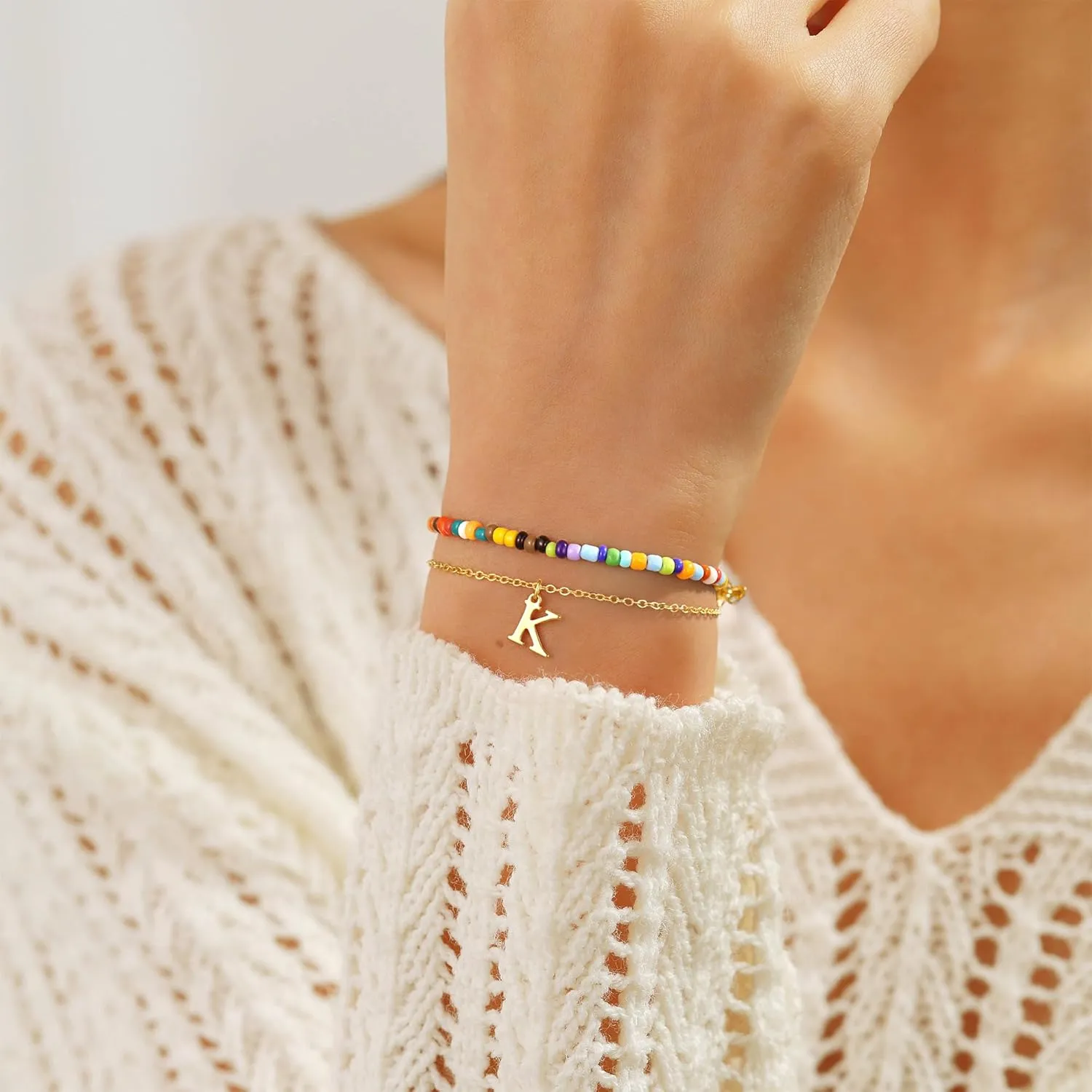 Turandoss Colorful Beaded Initial Bracelets for Teen Girls Women Gifts - 18K Gold Plated Cute Initial Bracelets for Girls Jewelry Teen Girl Gifts Trendy Stuff Birthday Gifts for Girls