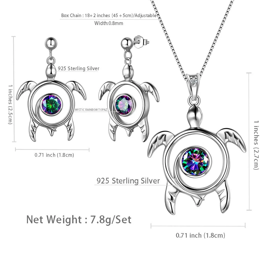 Turtle Rainbow Mystic Topaz Jewelry Sets Women Girls Gift Sterling Silver