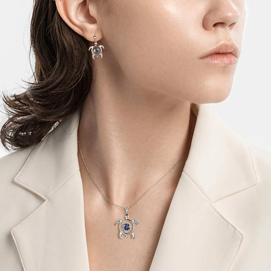 Turtle Rainbow Mystic Topaz Jewelry Sets Women Girls Gift Sterling Silver