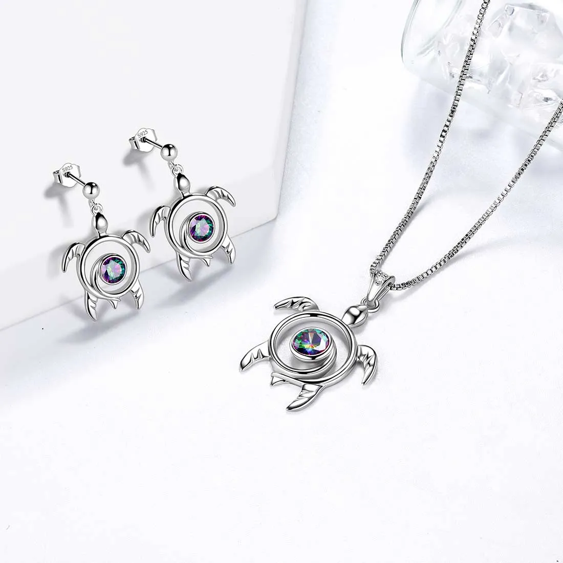 Turtle Rainbow Mystic Topaz Jewelry Sets Women Girls Gift Sterling Silver