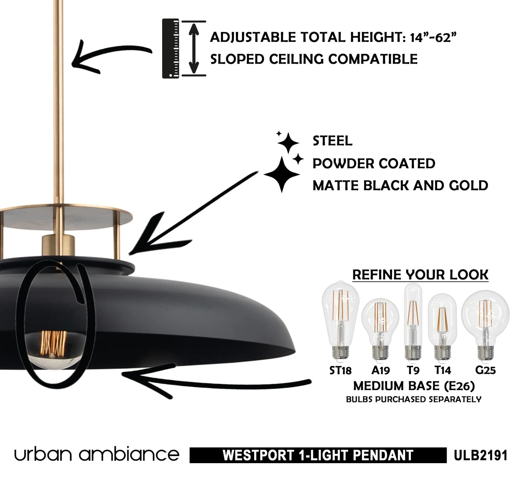 ULB2191 Transitional Pendant, 8''H x 20''W, Matte Black and Gold Finish, Westport Collection