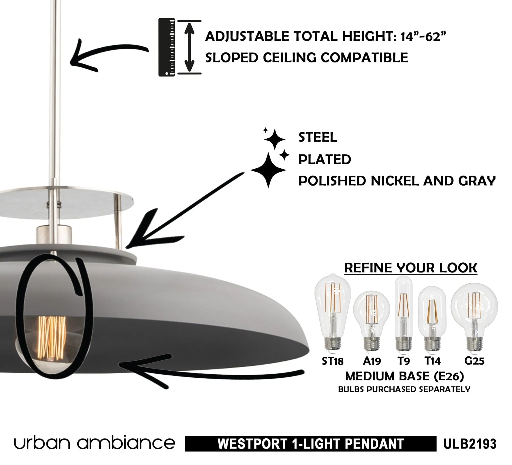 ULB2193 Transitional Pendant, 8''H x 20''W, Polished Nickel and Gray Finish, Westport Collection