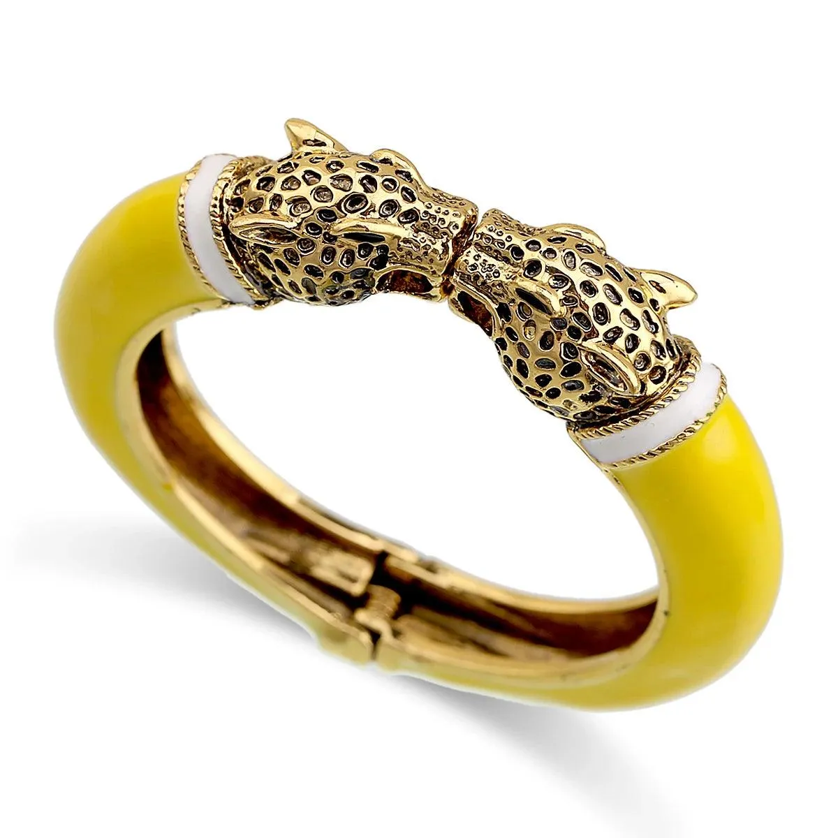 Unique Design Trendy Double Leopard Head Enamel Statement Cuff Bracelets Bangles, Gold Plated Animal Vintage Bracelet