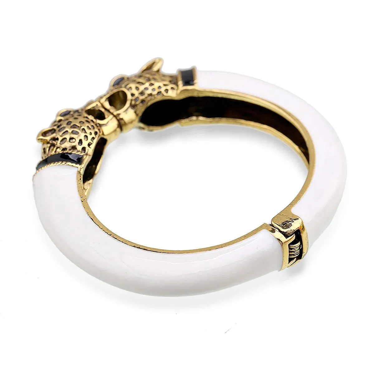 Unique Design Trendy Double Leopard Head Enamel Statement Cuff Bracelets Bangles, Gold Plated Animal Vintage Bracelet