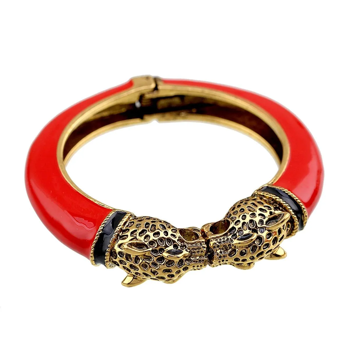 Unique Design Trendy Double Leopard Head Enamel Statement Cuff Bracelets Bangles, Gold Plated Animal Vintage Bracelet