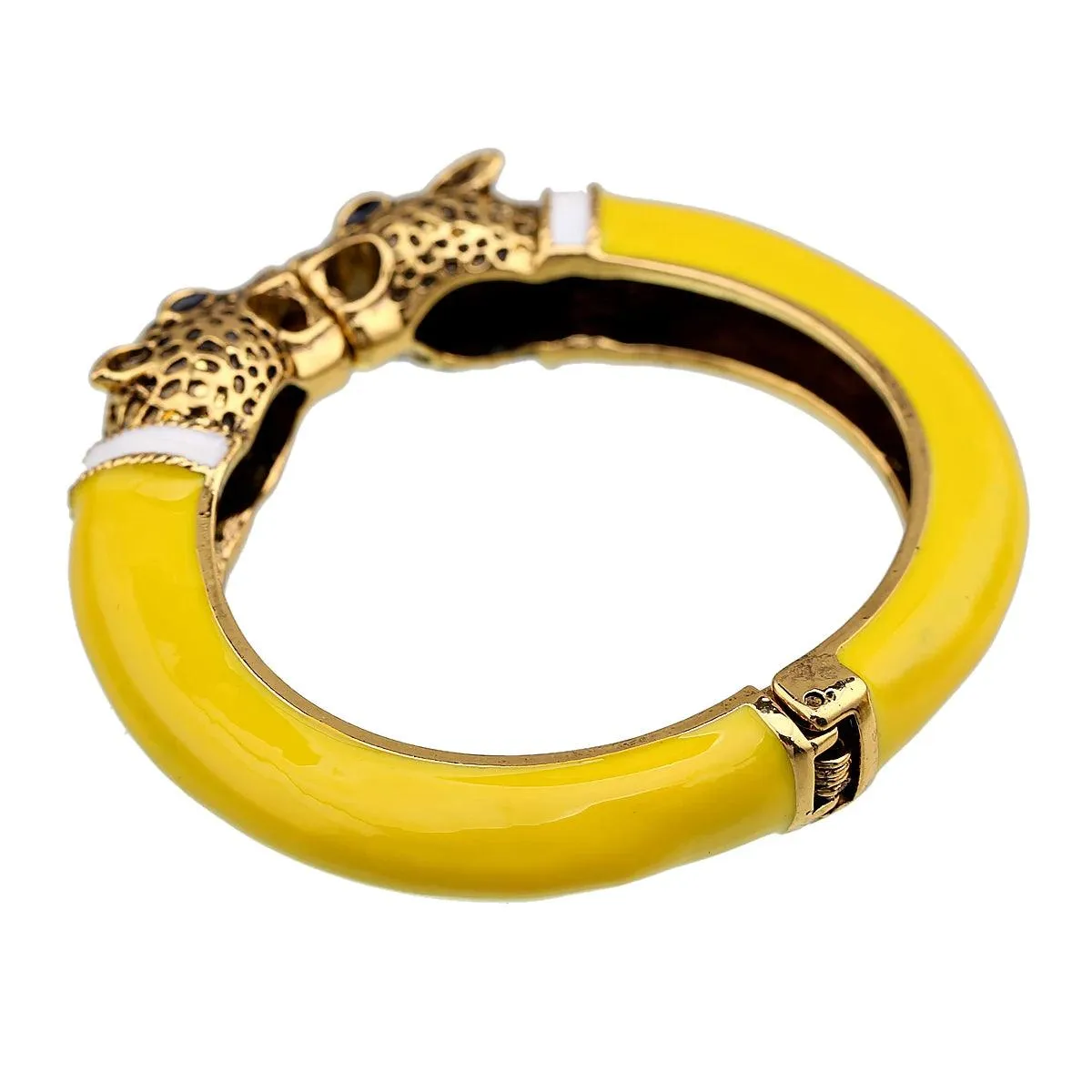 Unique Design Trendy Double Leopard Head Enamel Statement Cuff Bracelets Bangles, Gold Plated Animal Vintage Bracelet