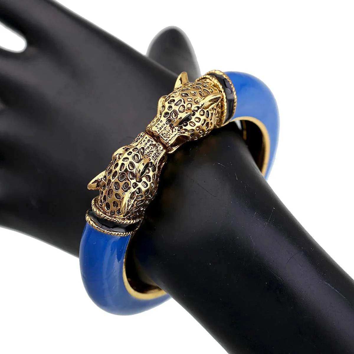Unique Design Trendy Double Leopard Head Enamel Statement Cuff Bracelets Bangles, Gold Plated Animal Vintage Bracelet