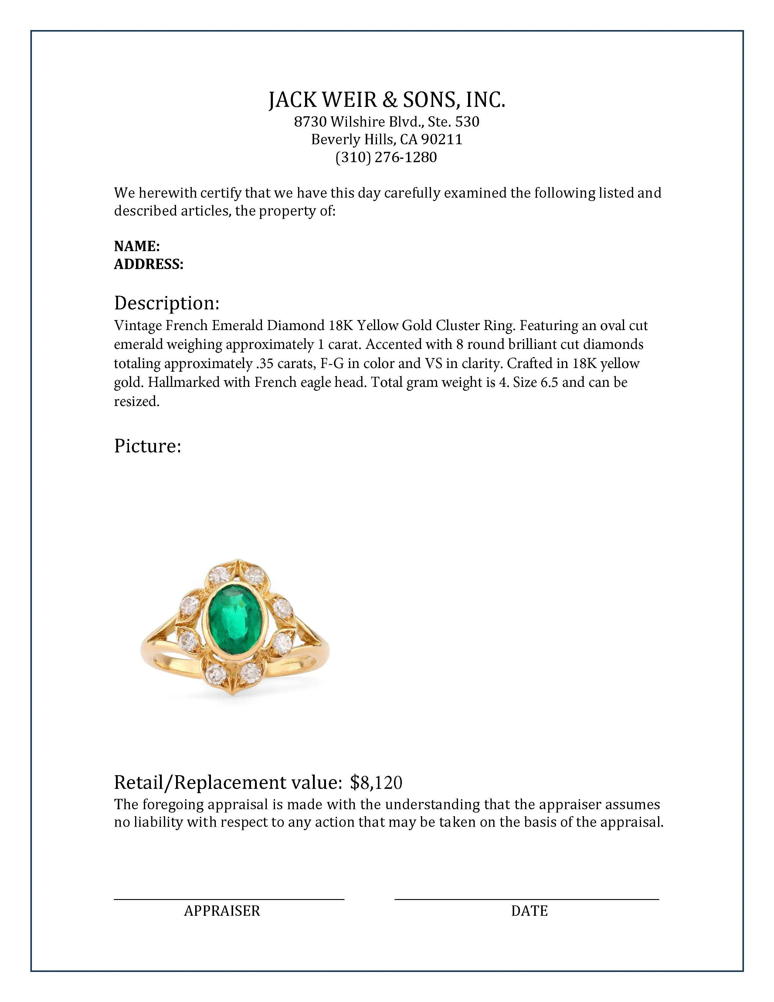 Vintage French Emerald Diamond 18K Yellow Gold Cluster Ring