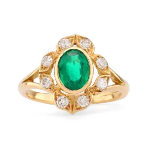 Vintage French Emerald Diamond 18K Yellow Gold Cluster Ring