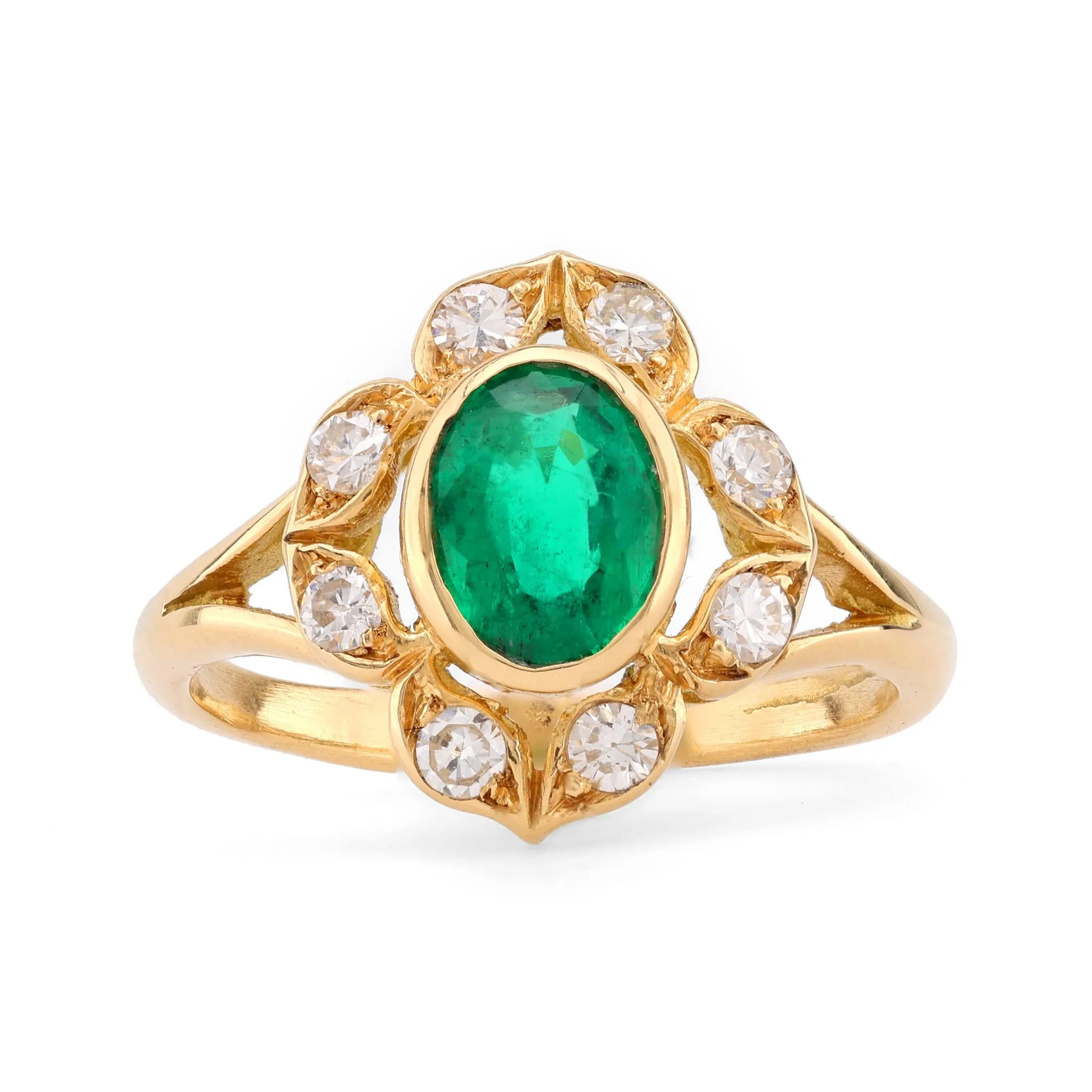 Vintage French Emerald Diamond 18K Yellow Gold Cluster Ring